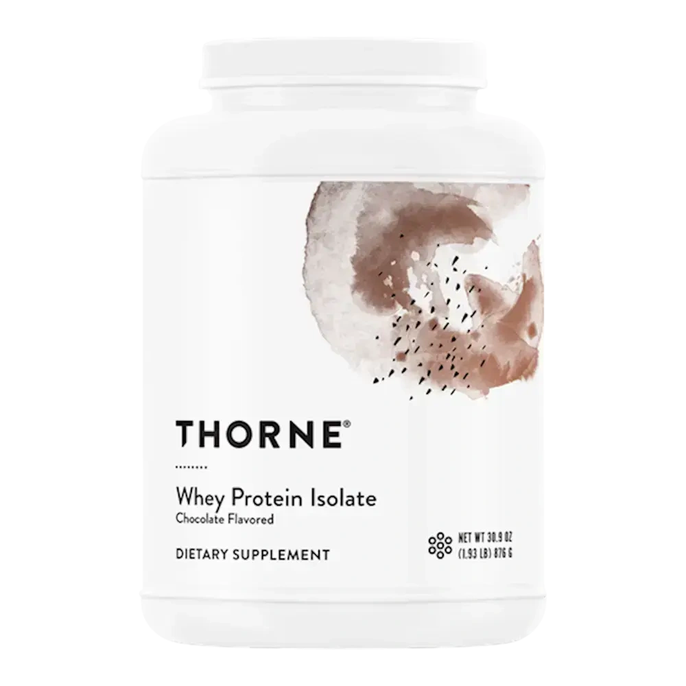 Thorne Whey Protein Isolate chocolate protein powder, 30 servings – front of tub