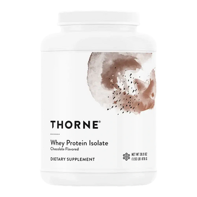 Thorne Whey Protein Isolate chocolate protein powder, 30 servings – front of tub