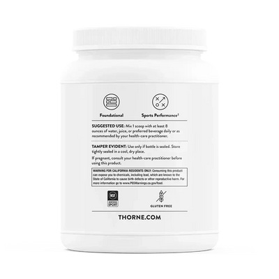Thorne Whey Protein Isolate chocolate protein powder, 30 servings – back of tub with suggested use and warnings