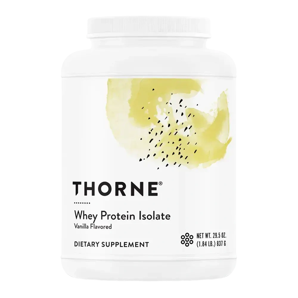 Thorne Whey Protein Isolate vanilla protein powder, 30 servings – front of tub