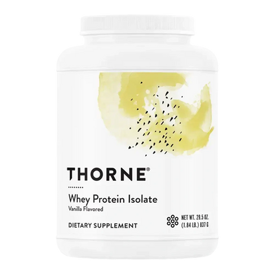 Thorne Whey Protein Isolate vanilla protein powder, 30 servings – front of tub