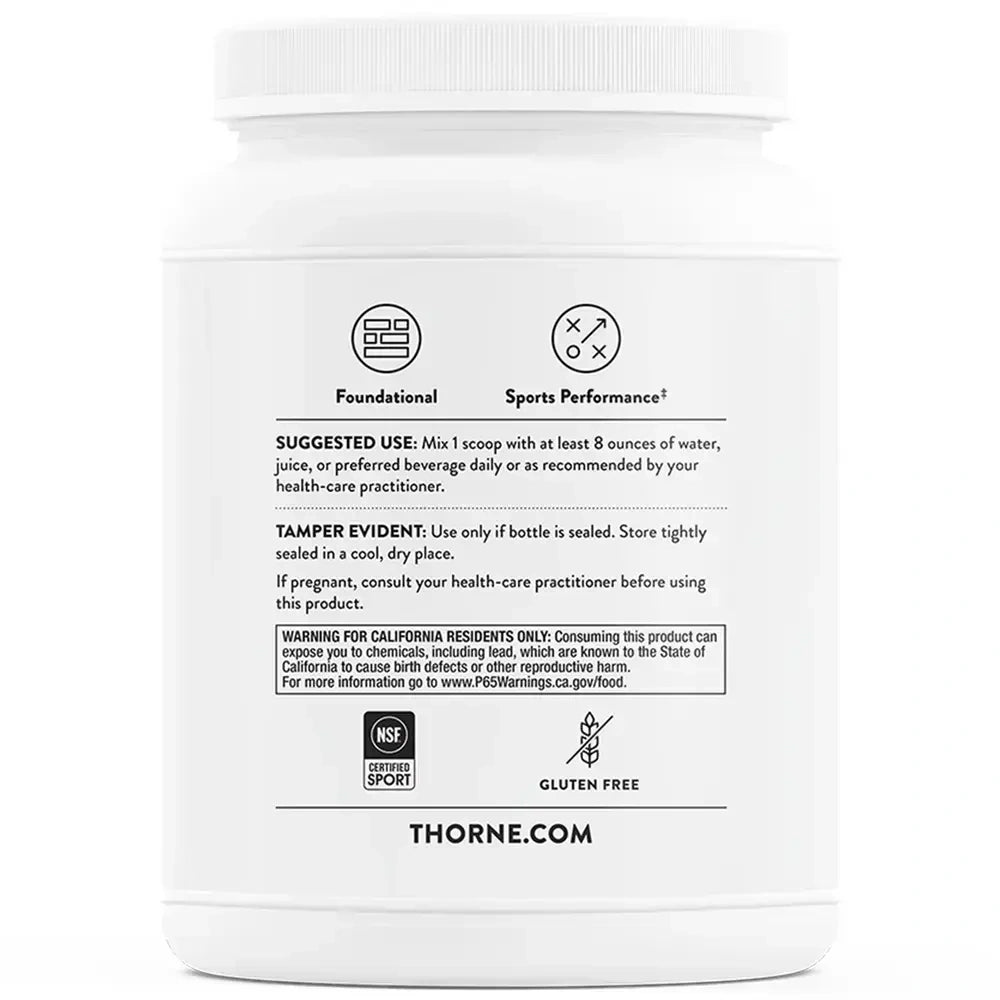 Thorne Whey Protein Isolate vanilla protein powder, 30 servings – back of tub with suggested use and warnings