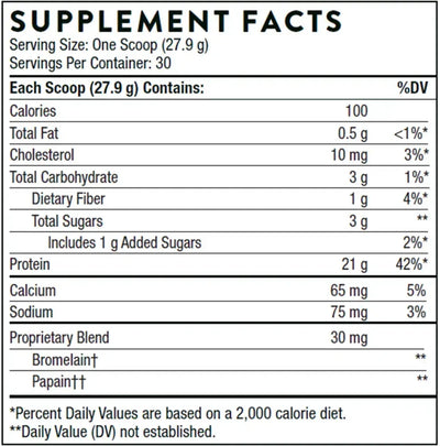 Thorne Whey Protein Isolate vanilla protein powder, 30 servings – Supplement Facts panel with ingredients and amounts