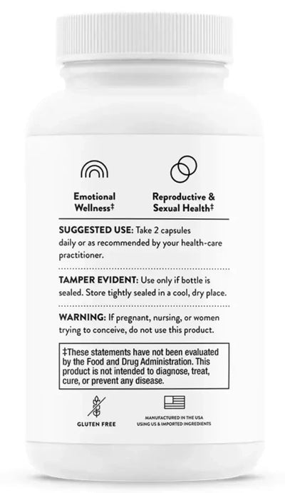 Thorne Women's Libido Boost supplement, 60 capsules – back of bottle with suggested use and warnings