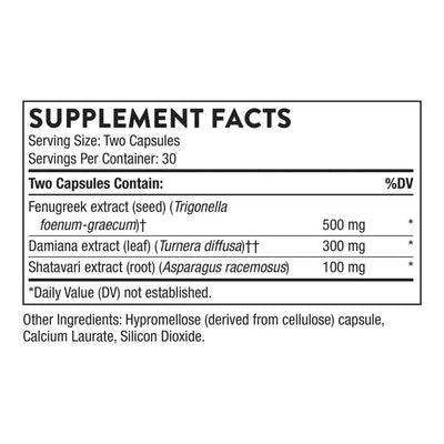 Thorne Women's Libido Boost supplement, 60 capsules – Supplement Facts panel with ingredients and amounts