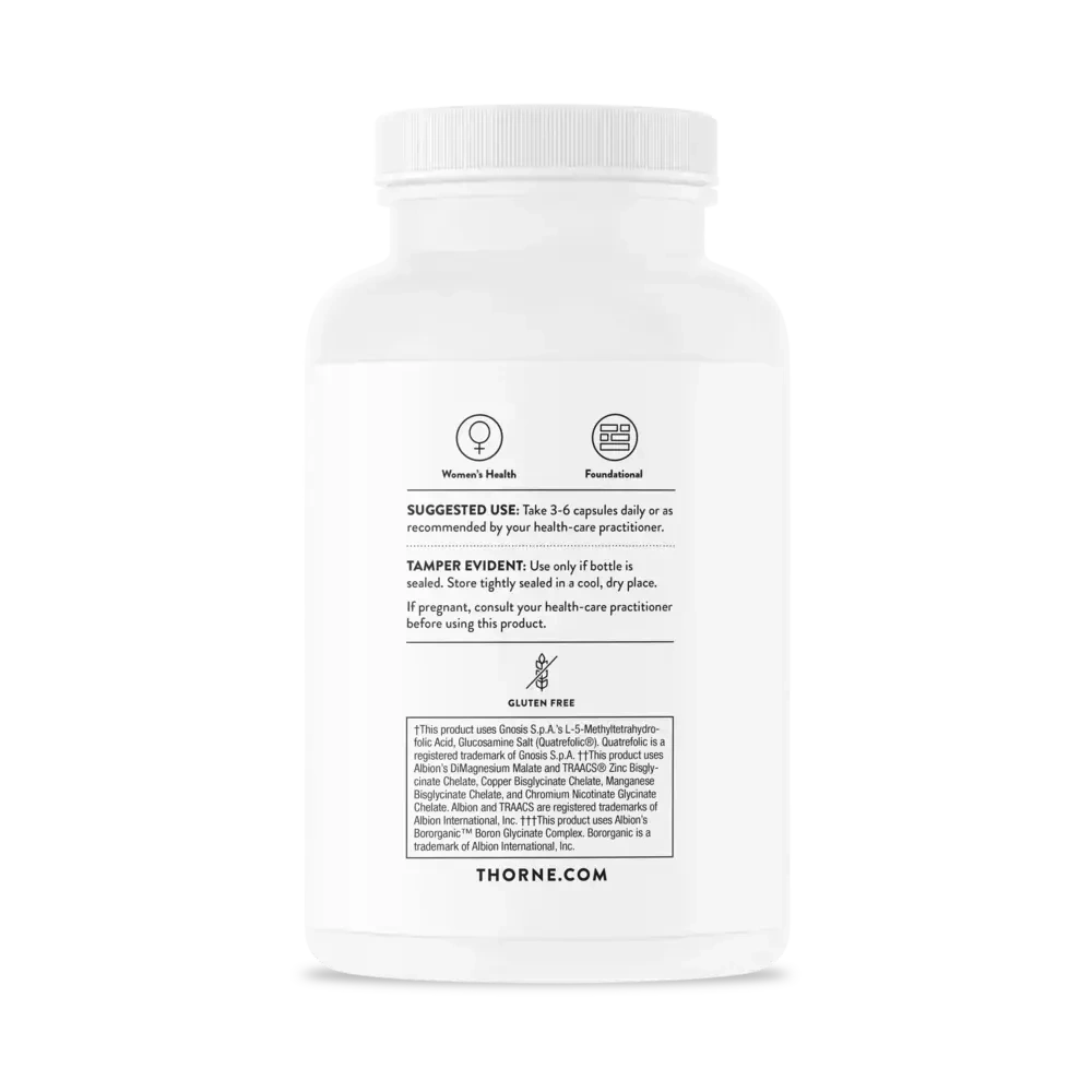 Thorne Women's Multi 50+ multivitamin for women over 50, 180 capsules – back of bottle with suggested use and warnings