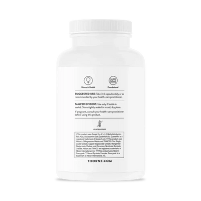 Thorne Women's Multi 50+ multivitamin for women over 50, 180 capsules – back of bottle with suggested use and warnings