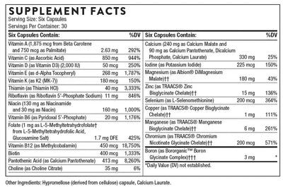 Thorne Women's Multi 50+ multivitamin for women over 50, 180 capsules – Supplement Facts panel with ingredients and amounts